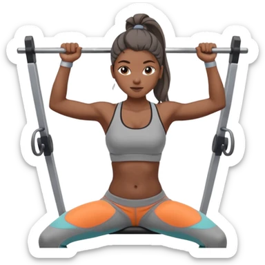 Mujer en gimnasio, peruana con coleta top corto gris y pantalón gris. Haciendo jalón al pecho  sticker