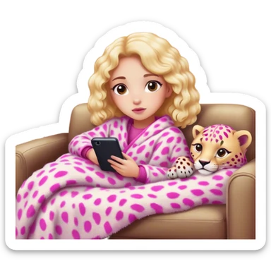 Girl lay on couch with fuzzy pink and white cheetah blanket watching tv  sticker