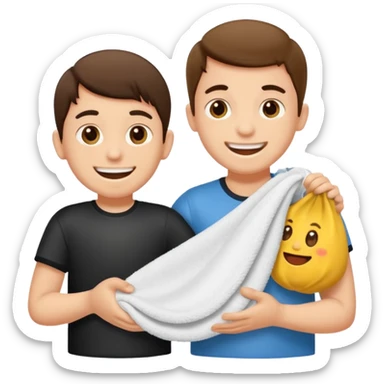 un niño pequeño y un hombre jugando al juego de tirar la soga, en vez de soga una toalla blanca sticker