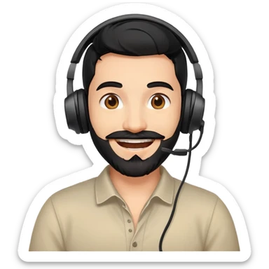 Very happy excited grinning man with black hair, brown eyes, black beard wearing a gaming headset sticker