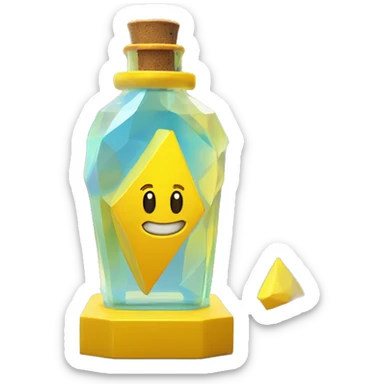 symbolic clouds in a bottle sculpture symbolizing Gemini with a geometric, faceted design. The bottle is standing upright with angular and disney features. The vibrant yellow lightning colors highlights the sharp edges and planes.  sticker