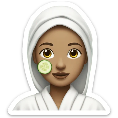 White girl with Brown hair and blue eyes wears a Green colored skincare clay textured mask and puts on cucumbers around her eyes while She relaxes in her white Robe sticker
