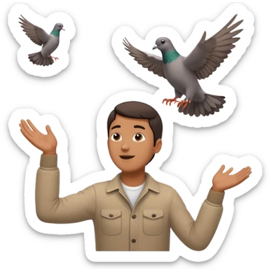 man open arms looking at a flying pigeon sticker