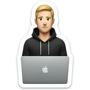 a serious-looking white man wearing a black hoodie behind a laptop sticker