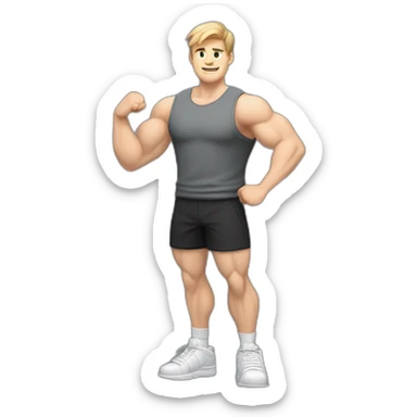 Full height Actively gesturing with hands Pale skinned Fit Man With the biceps, Bristle and light brown hair in dark gray Sleeveless Mike, black oversize sports shorts and white Sneakers sticker