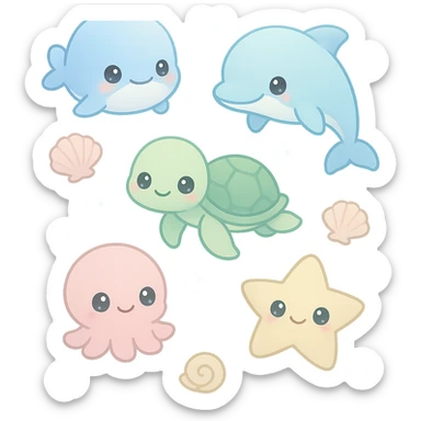 super kawaii soft pastel summer sea theme for LINE app, featuring cute baby whale, dolphin, sea turtle, octopus, starfish, and seashells, with floating bubbles, gentle flat illustration, soft gradient aqua blue background, chibi characters with big sparkling eyes, minimal clean layout, soft shadows, high quality, PNG, transparent background, 9:16 aspect ratio sticker