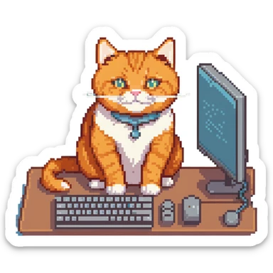 orange cat typing on desktop computer sticker
