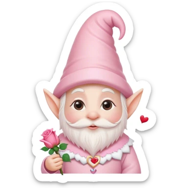 An adorable little pale pink Valentine’s Day style gnome with a rose and hearts in the background sticker