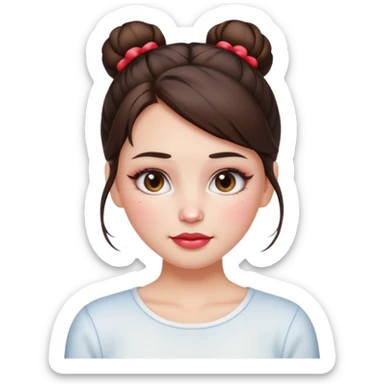 “Emoji brunette girl hair in bun white top, dewy skin, heavy blush across cheeks and nose bridge, glossy cherry lips, soft eyeliner, teary sparkling eyes like hanni from new jeans sticker