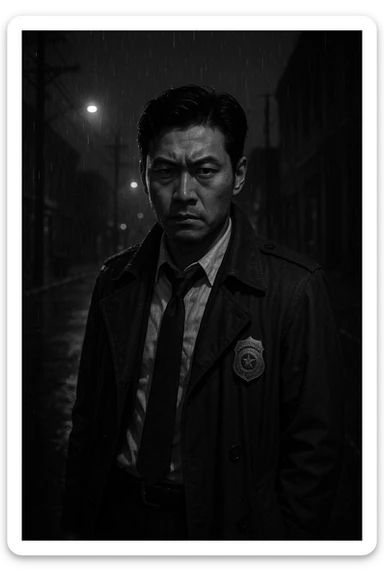 intense Asian detective, trench coat, badge visible, serious look, rain-soaked street, noir style sticker
