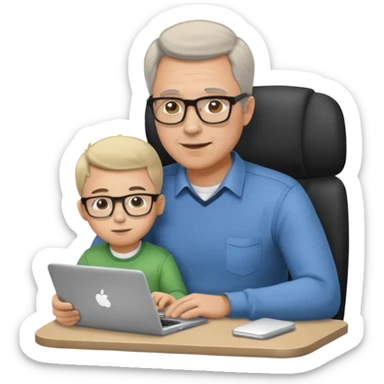 Middle aged man with glasses working at his desk, with his child sitting behind him on the headrest of his chair looking at his computer sticker