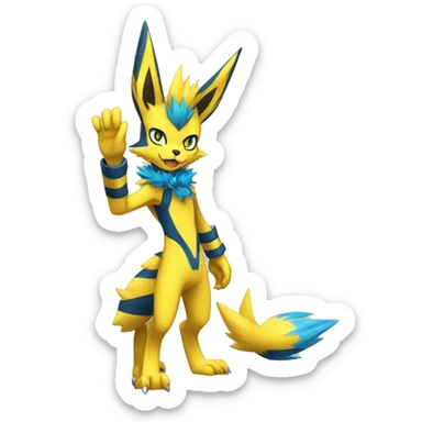 Yellow Anthro Edgy Cool Zeraora-Lucario-Jolteon-Pokémon-Fakémon with shiny blue stripes Full Body Detailed High Quality  sticker