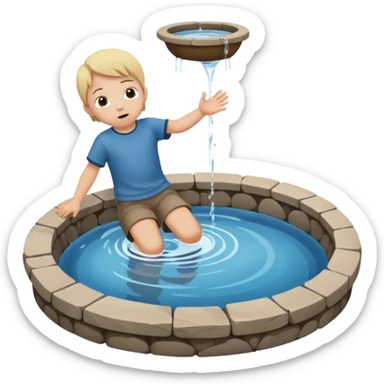 Create a clean emoji-style icon showing a small child falling into a round stone water well. The well must be clearly recognizable: circular stone rim, dark opening. Show the child mid-air, tilted downward above the well with simple motion lines. sticker