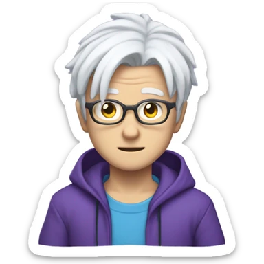 anime character named Saturo Gojo that has white hair, glasses, blue eyes, and wears purple clothing sticker
