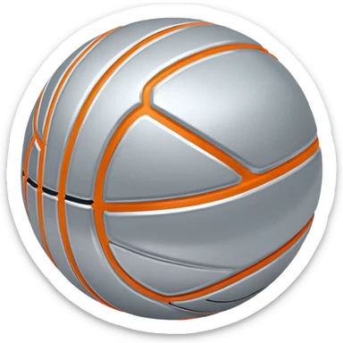 shiny silver basketball with orange seams, metallic silver material, reflective surface sticker