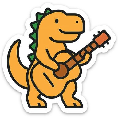 dinosaur playing guitar, modern color icon style, clean lines, bold colors, simple background sticker