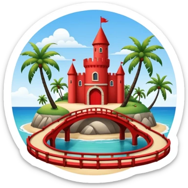 a circular island with a modern chateau, a beach with palm trees in front. also, a red bridge behind.  sticker