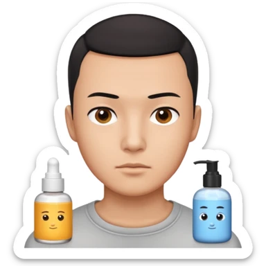 try different skincare products for chinese man with buzz cut (short black hair) doing skincare sticker