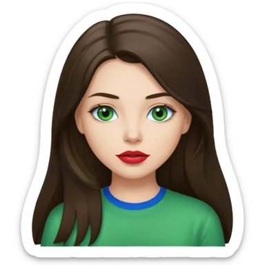 brunette straight long hair girl green shirt blue eyes lipstick  sticker