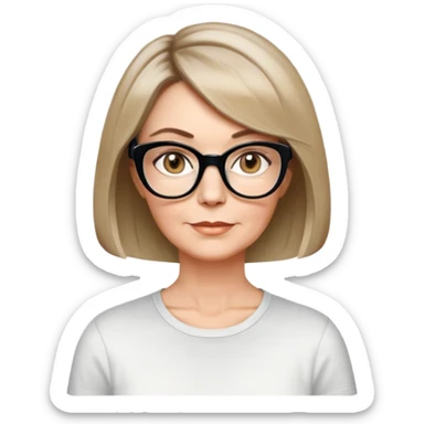 white woman about 50 years old, light warm skin, short bob haircut to neck with slight waves at ends, medium brown hair with soft highlights, neutral expression, large black shiny butterfly or cat-eye glasses, white casual t-shirt, calm and creative energy sticker