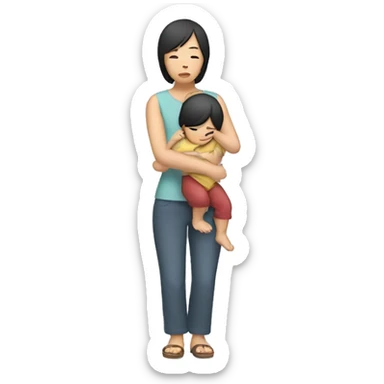asian sad mum holding two kids, full body standing sticker