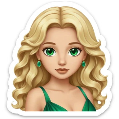 Blonde model with brown eyes, long wavy hair,  emerald gown sticker