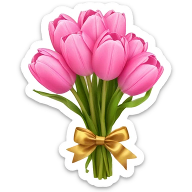 A bouquet of pink tulips and a golden bow sticker