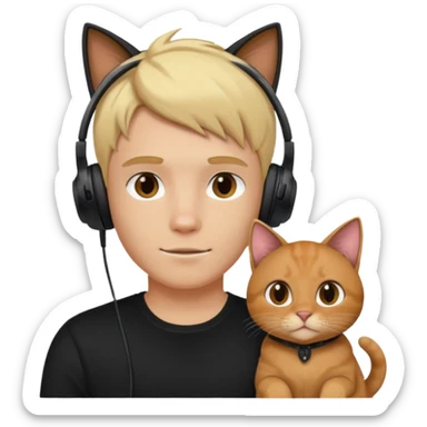 blonde guy in a black top with gaming headphones on and a brown cat sticker