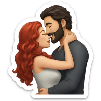 a bearded man with dark hair kissing a woman with long red hair sticker