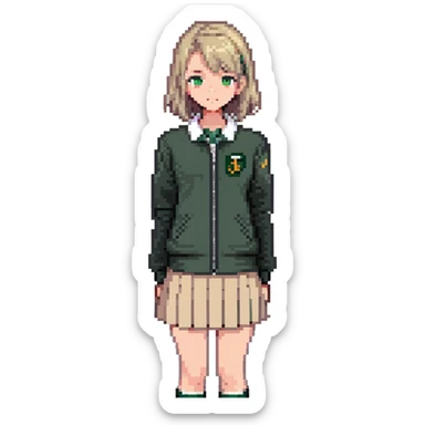 girl in a school uniform wearing a green polo, beige skirt, grey zipper jacket sticker