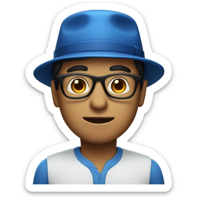 A man wearing a blue hat with 'P' on it and black glasses sticker