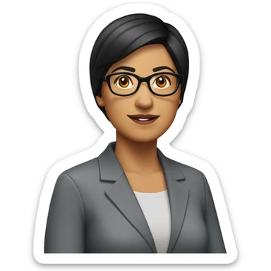 Hispanic woman with very short straight black hair and glasses and round face with age 50 sticker