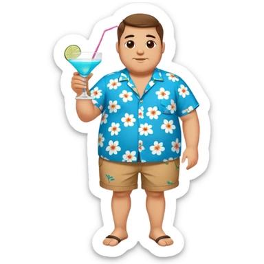 chubby guy full figure in a flowered azure havai shirt, brown shorts and flippers holding a cocktail sticker