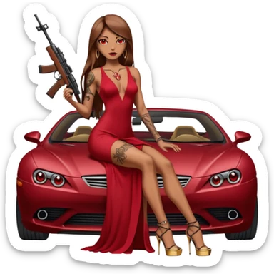 Lilith tan skinfemale red eyes symbol. Tattoo arms. Her hair is brown straight long hair.wearing sexy long ruby covered dress with slit. black stiletto thick platform high heels shoes on. Sitting on gold giant luxury car with cash on her. She is holding a sniper rifle in one hand cash in other hand sticker