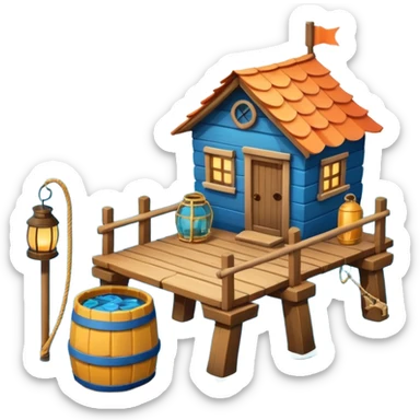 
fisherman house on a wooden pier, small dock, fishing nets hanging, barrels, lantern, ocean vibe, 3D cartoon, cute mobile game icon, clean background, no text
 sticker