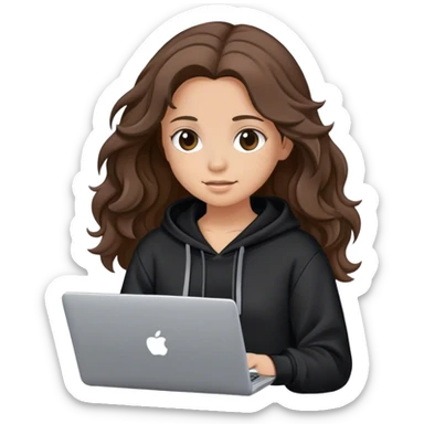 Girl with wavy brown hair wearing a black hoodie holding the computer sticker