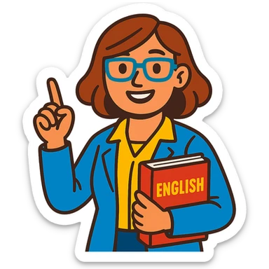 woman English teacher with brown hair, holding a book, vibrant toon style sticker