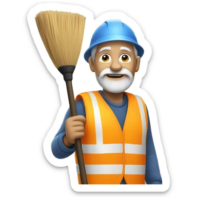 Old man wearing safety vest with a broom sticker