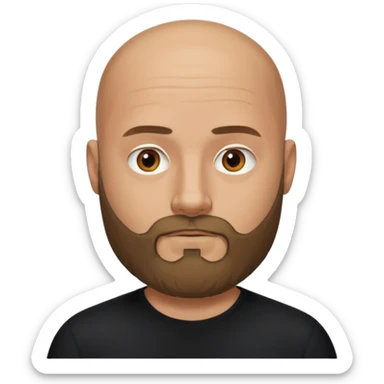 Oliver Riedel, bald, full beard, cool, collected vibe, black shirt sticker