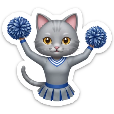 A sleek grey cat cheerleader twirling pom-poms with confident energy. sticker