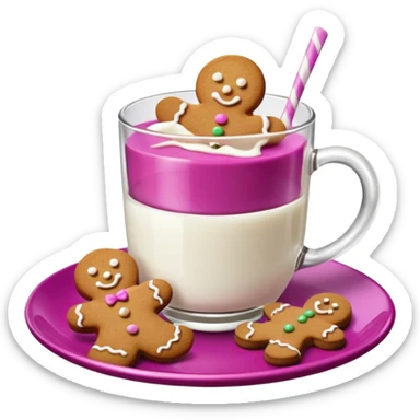 A glass of milk sits on a magenta saucer with gingerbread cookies. sticker