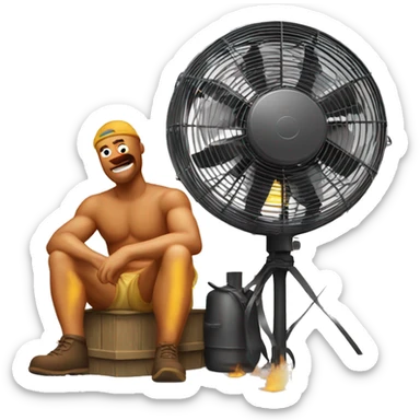 Sun burned man siting next to the blower fan sticker