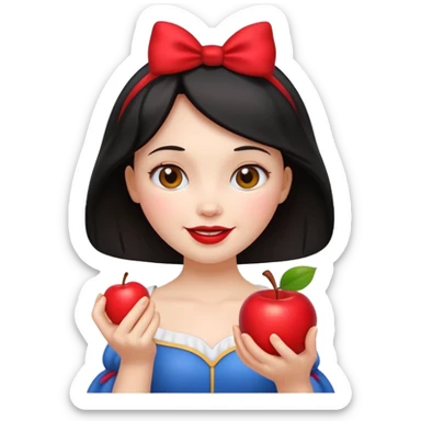 Snow White emoji holding a red apple, cheerful expression, fairytale style sticker