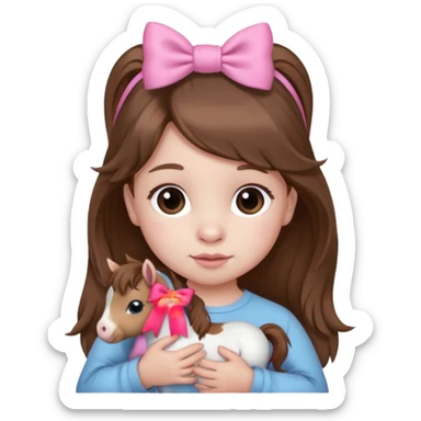 1 year old with brown hair and mini pony held together by one pink bow sticker