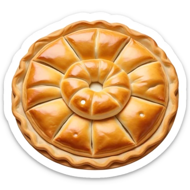 Burek sa Sirom Cinematic Realistic Burek sa Sirom Dish Emoji, depicted as a flat, flaky pastry filled with cheese, rendered with crisp textures and warm, inviting lighting. sticker