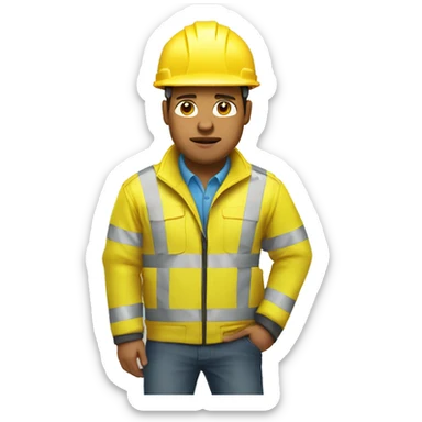 upset engineer wearing a yellow reflectorize jacket and construction hard hat  sticker