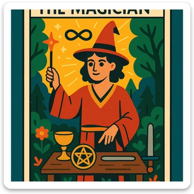 A tarot card featuring The Magician, with magical symbols and forest elements, in a whimsical fantasy style. sticker