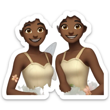 two fairies flying, beautiful, flowers in hair, smiling, aesthetic sticker
