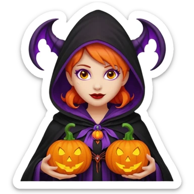 female-succubus-emoji,-red-skin,-purple-eyes,-elegant-face,-pumpkin-wreath-on-head,-black-hooded-cloak-with-cobweb-details,-holding-small-glowing-pumpkin-lantern,-halloween-fantasy sticker