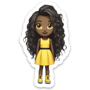 cute punk girl in yellow dress dark skin with yellow eyes and dark curvy hairs drummer anime style sticker